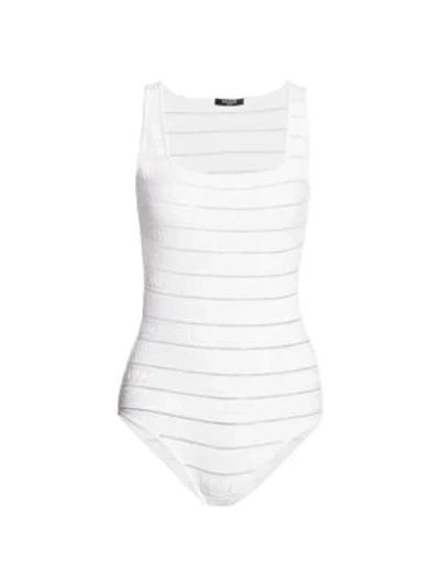 Shop Balmain Logo-embossed Stripe Bodysuit In White