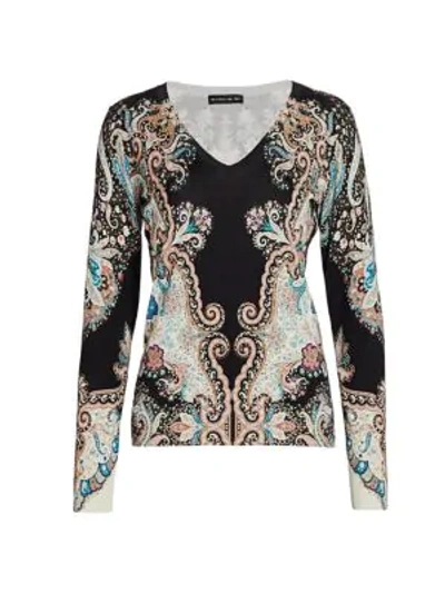 Shop Etro Stampa Paisley Stretch-silk Knit V-neck Top In Black