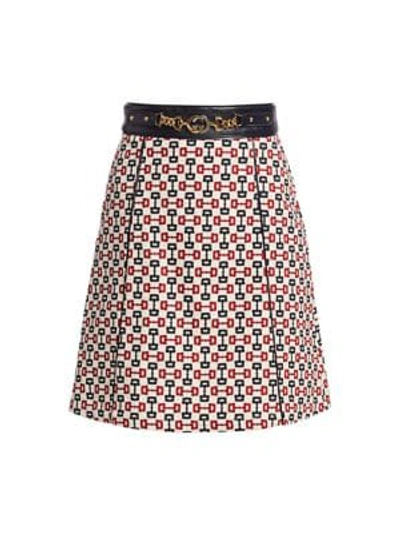 Shop Gucci Printed Cotton Canvas A-line Skirt With Leather Waist & Buckle Belt In Ivory Blue Red