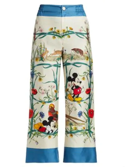 Shop Gucci Mickey & Floral Silk Twill Drawstring Pants In Ivory Blue