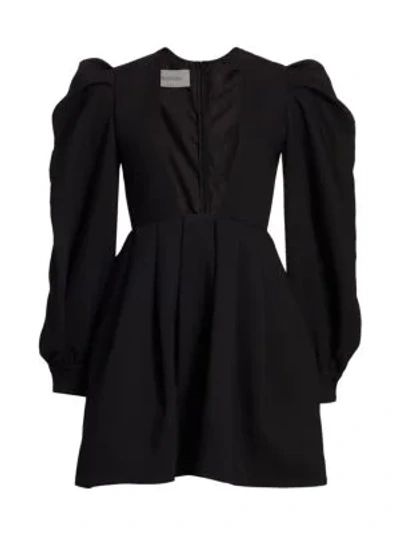 Shop Valentino Puff-sleeve Deep V Square-neck Mini Dress In Black