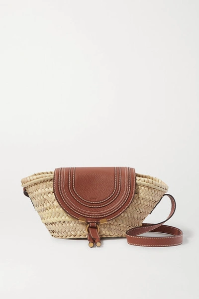 Shop Chloé Marcie Small Straw And Textured-leather Shoulder Bag In Tan