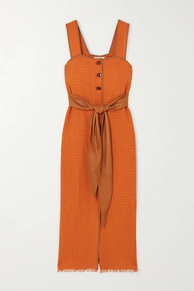 Shop Nanushka Rita Vegan Leather-trimmed Frayed Cotton-blend Midi Dress In Orange