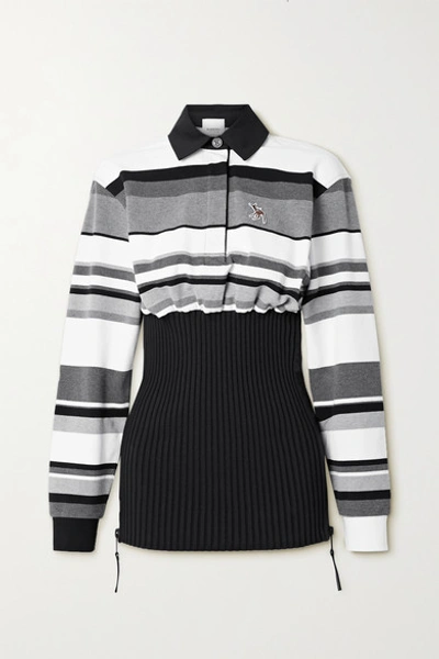 Shop Burberry Appliquéd Striped Cotton-piqué And Ribbed-knit Top In Gray