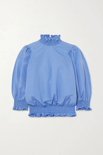Shop Avavav Ruffled Smocked Cotton-poplin Top In Blue