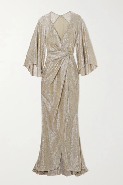 Shop Talbot Runhof Bologne Wrap-effect Metallic Voile Gown In Gold