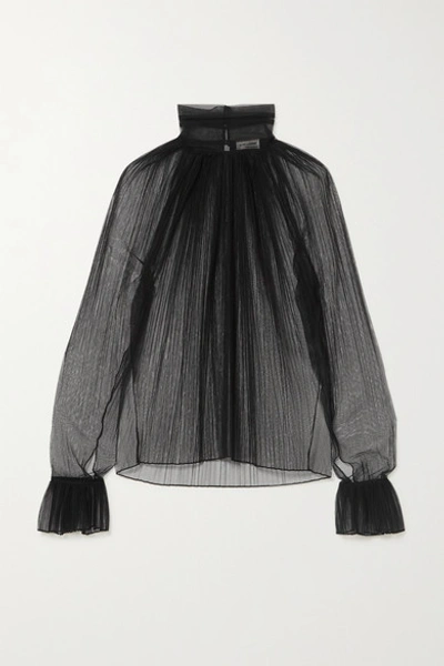 Shop Saint Laurent Ruffled Plissé Silk-tulle Turtleneck Blouse In Black