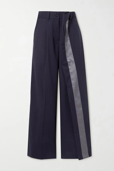 Shop Sacai Layered Satin-trimmed Grain De Poudre Wide-leg Pants In Navy