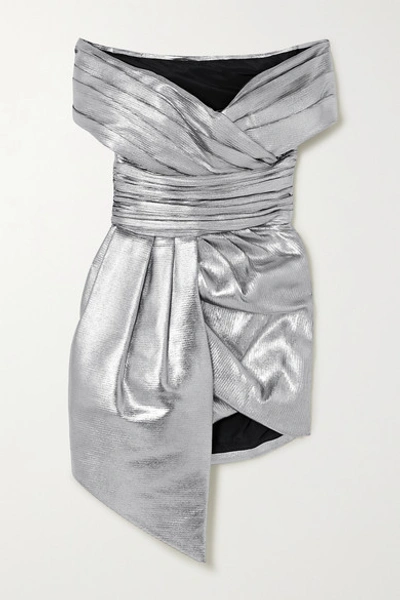 Shop Alexandre Vauthier Off-the-shoulder Gathered Lamé Mini Dress In Silver