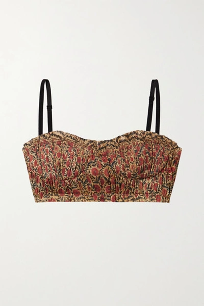 Shop Khaite Indira Pleated Floral-print Twill Bralette In Gold