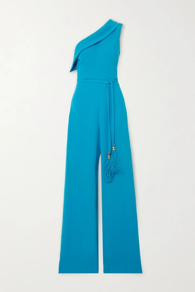 Shop Reem Acra One-shoulder Faux Feather-trimmed Crepe Jumpsuit In Blue