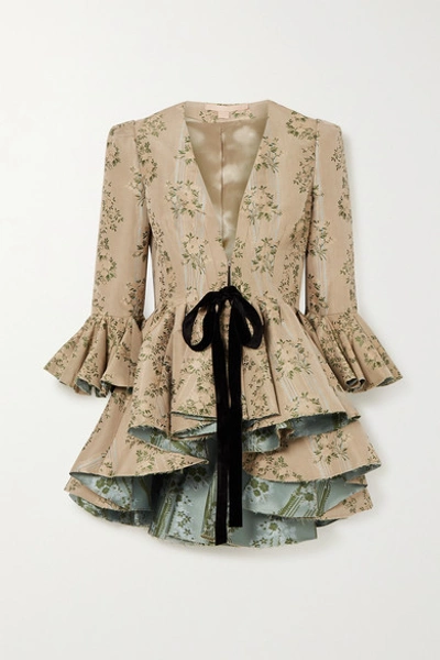 Shop Brock Collection Ruffled Velvet-trimmed Floral Brocade Peplum Jacket In Beige