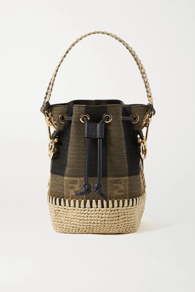 Shop Fendi Mon Trésor Mini Raffia-trimmed Jacquard Bucket Bag In Brown