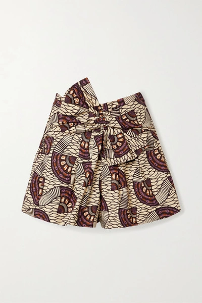 Shop Ulla Johnson Paloma Tie-front Printed Cotton-poplin Shorts In Brown