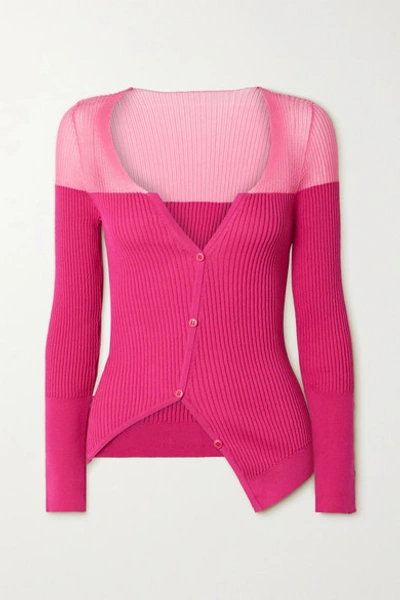 Shop Jacquemus Tordu Asymmetric Two-tone Ribbed Cotton-blend Cardigan In Pink