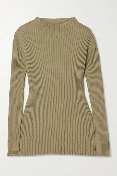 Shop Lauren Manoogian Column Ribbed Organic Cotton And Mulberry Silk-blend Sweater In Army Green