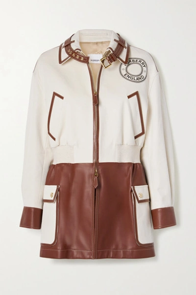 Shop Burberry Printed Cotton-canvas And Leather Jacket In Ecru