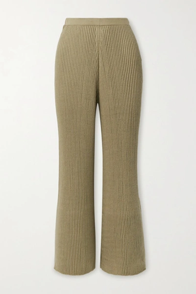 Shop Lauren Manoogian Column Ribbed Organic Cotton And Mulberry Silk-blend Wide-leg Pants In Army Green