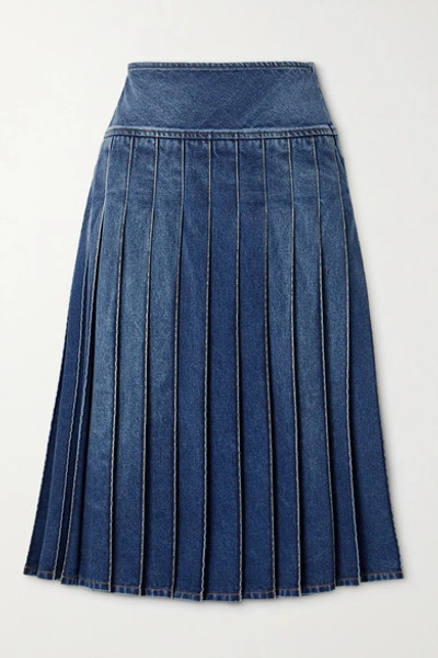 Shop Michael Kors Pleated Denim Midi Skirt In Mid Denim