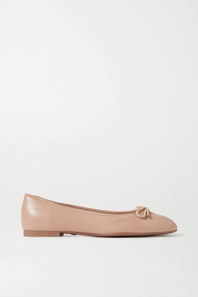 Shop Stuart Weitzman Gabby Bow-embellished Suede-trimmed Leather Ballet Flats In Sand