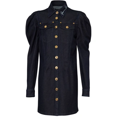 Shop Versace Denim Shirt Dress With Puffed Sleeves In Denim Indigo