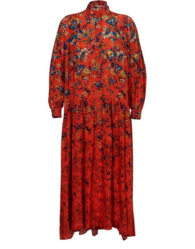 Shop Givenchy Long Floral Print Silk Dress In Rouge Bleu