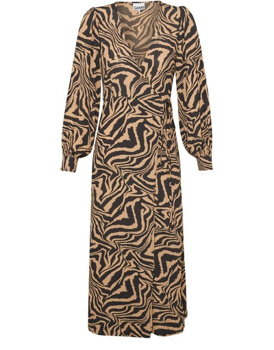 Shop Ganni Printed Wrap Over Dress In Tannin