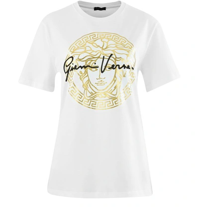 Shop Versace T-shirt With Logo In Bianco Oro Nero