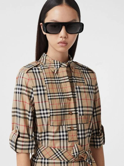 Shop Burberry Contrast Check Stretch Cotton Tie-waist Shirt Dress In Archive Beige