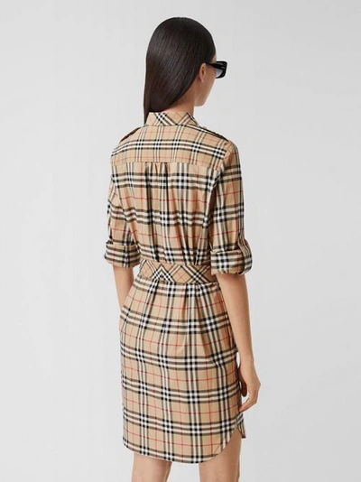 Shop Burberry Contrast Check Stretch Cotton Tie-waist Shirt Dress In Archive Beige