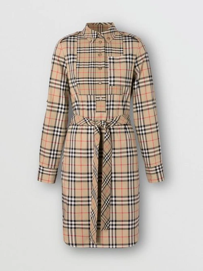 Shop Burberry Contrast Check Stretch Cotton Tie-waist Shirt Dress In Archive Beige