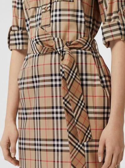 Shop Burberry Contrast Check Stretch Cotton Tie-waist Shirt Dress In Archive Beige