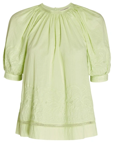 Shop Ulla Johnson Blythe Embroidered Cotton Top In Green-lt