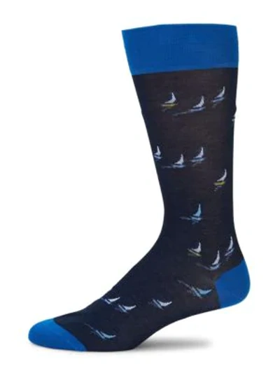 Shop Marcoliani Lisle Regatta Print Socks In Navy