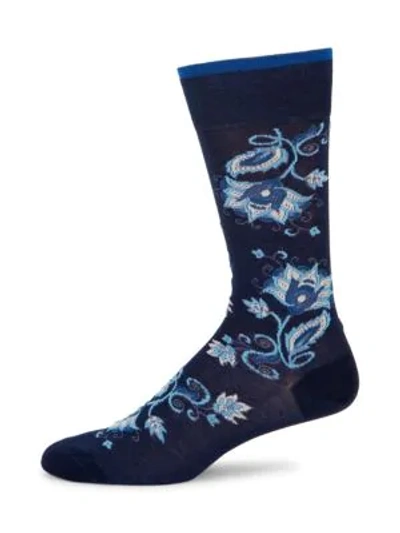 Shop Marcoliani Men's Oriental Floral Piqué Knit Crew Socks In Navy