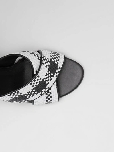 Shop Burberry Latticed Leather Block-heel Sandals In Black/white