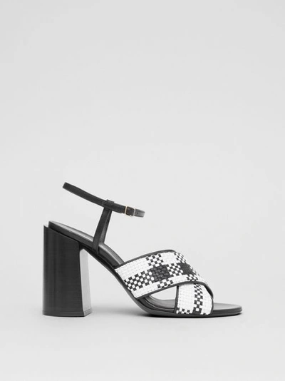 Shop Burberry Latticed Leather Block-heel Sandals In Black/white