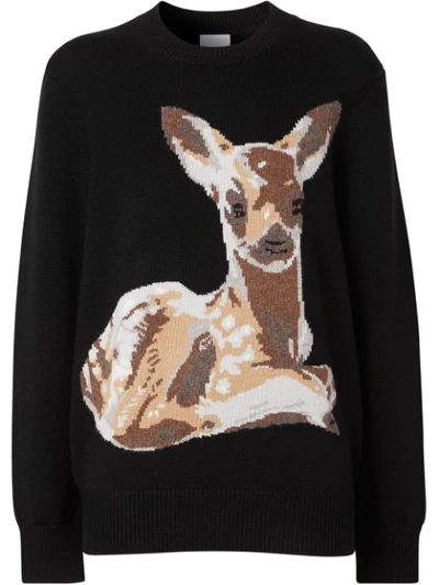 Shop Burberry Deer Intarsia Jumper In Black