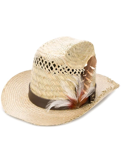 Shop Saint Laurent Feather-embellishment Hat In Neutrals