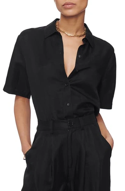Shop Anine Bing Burni Short Sleeve Button-up Shirt In Black