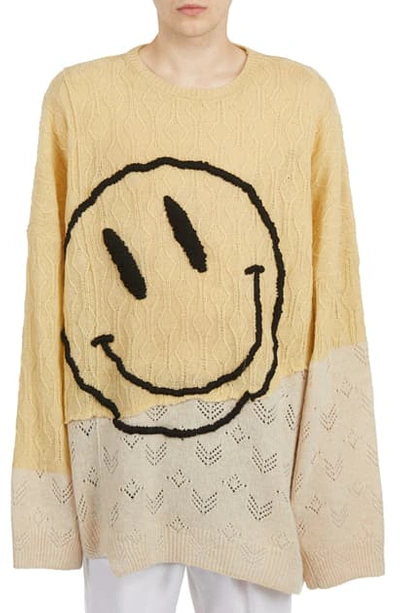 Shop Raf Simons Oversize Embroidered Smiley Face Merino Wool Sweater In Pastel Yellow