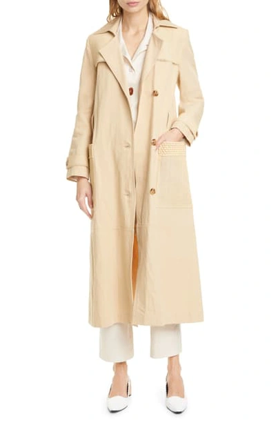 Shop Nanushka Alex Vegan Leather Trim Cotton & Linen Trench Coat In Sand