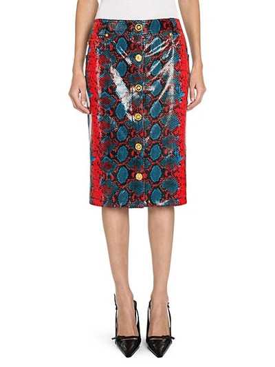 Shop Versace Python Print Leather Button Front Midi Skirt