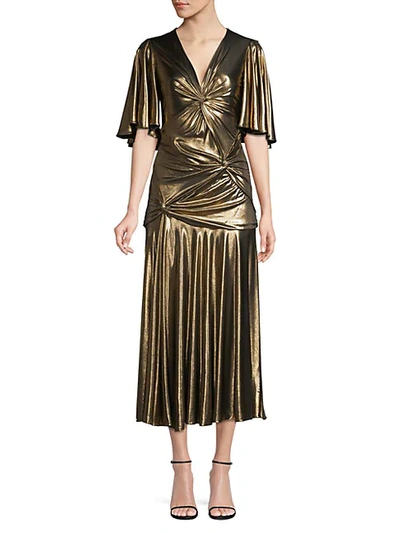Shop Michael Kors Gathered Pleated Metallic Midi Dress In Black Gold