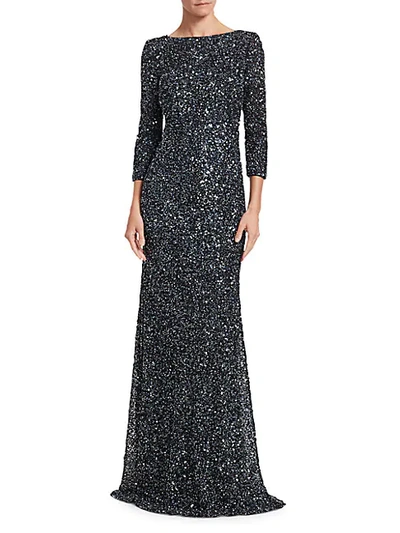 Shop Theia Crunchy Sequin Boatneck Gown In Slate