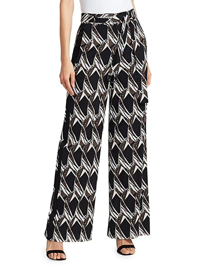 Shop St. John Abstract Floral Tile Stretch Silk Trousers In Caviar Multi