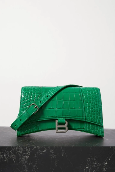 Shop Balenciaga Hourglass Croc-effect Leather Shoulder Bag In Green