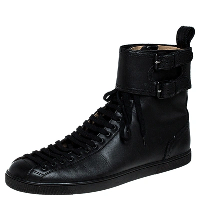Pre-owned Christian Louboutin Black Leather Lace And Buckle High Top Sneakers Size 44.5