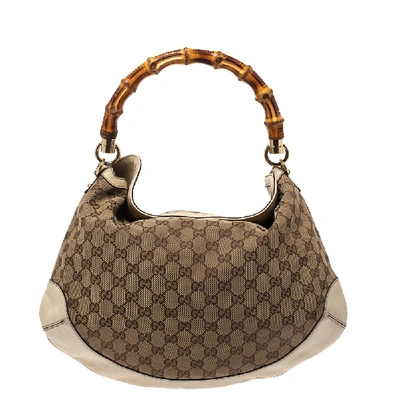 Pre-owned Gucci Beige Gg Canvas And Leather Peggy Bamboo Hobo