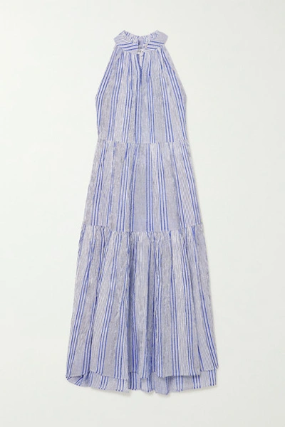 Shop Apiece Apart Nissi Striped Crinkled Cotton-gauze Maxi Dress In Light Blue